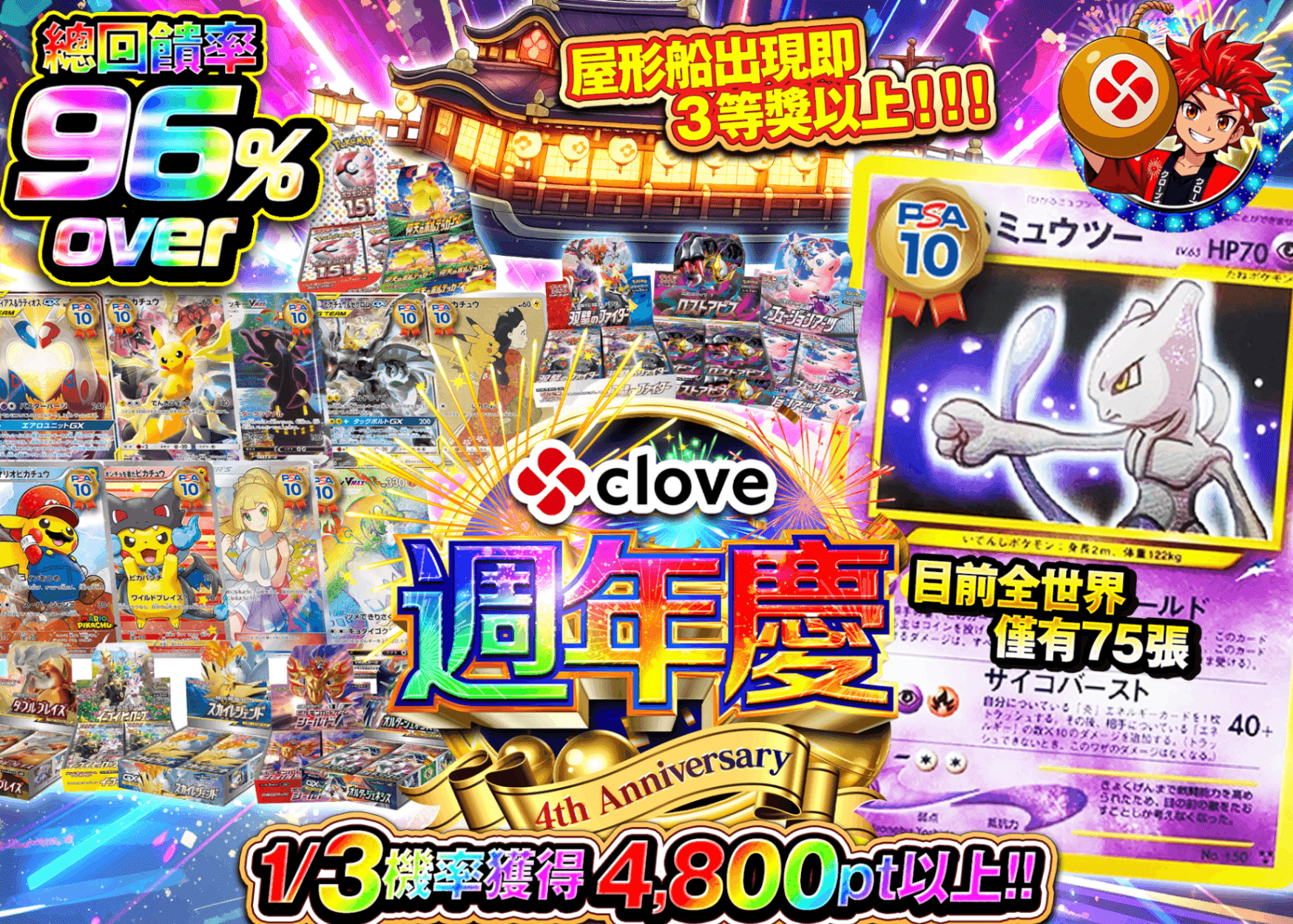 寶可夢卡牌盲盒 4周年 ひかるミュウツー降臨 | 線上抽卡・線上盲盒的Clove
